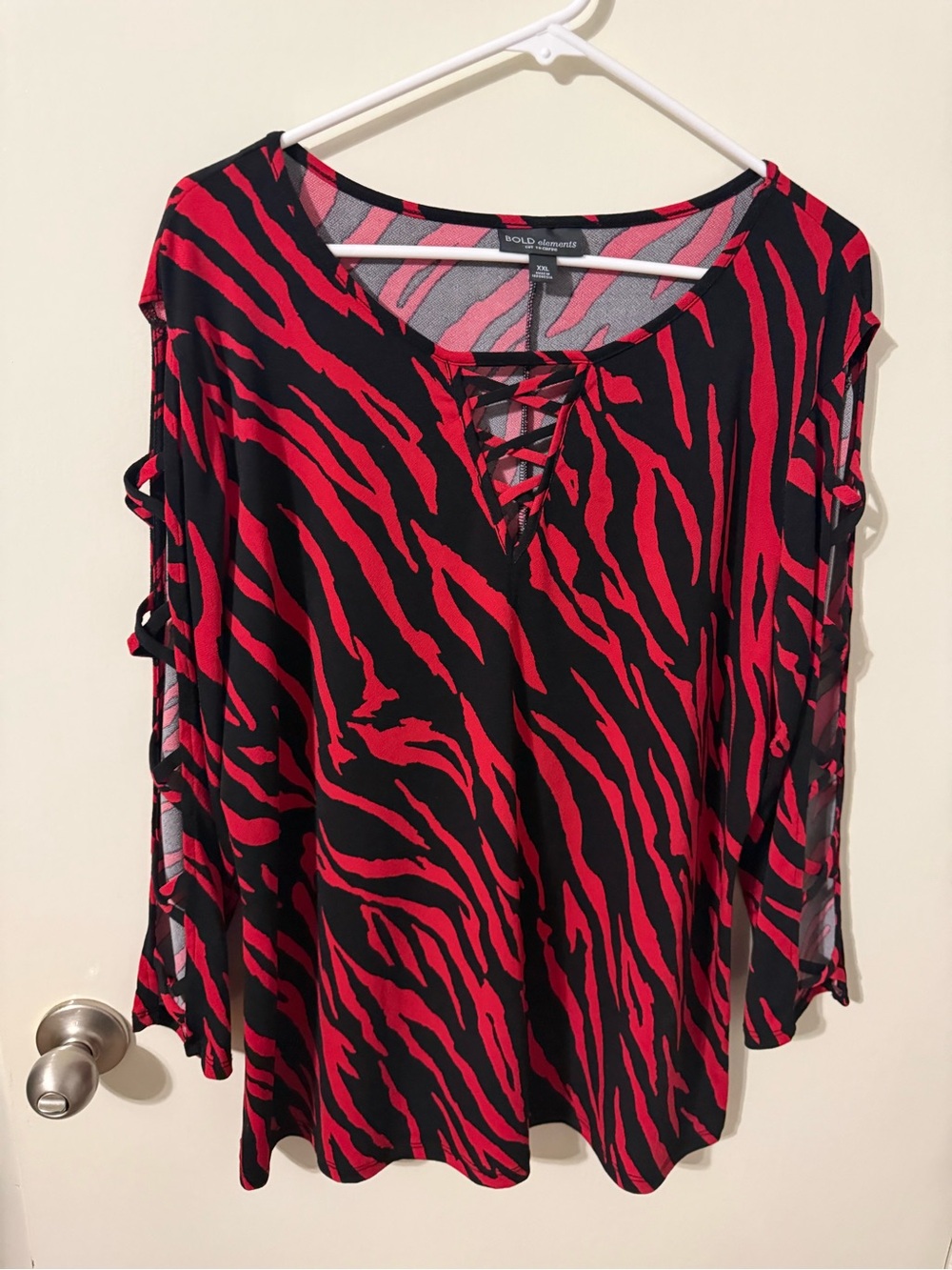 BOLD elements Red and Black Zebra-Print Lace-Up Cold-Shoulder Top